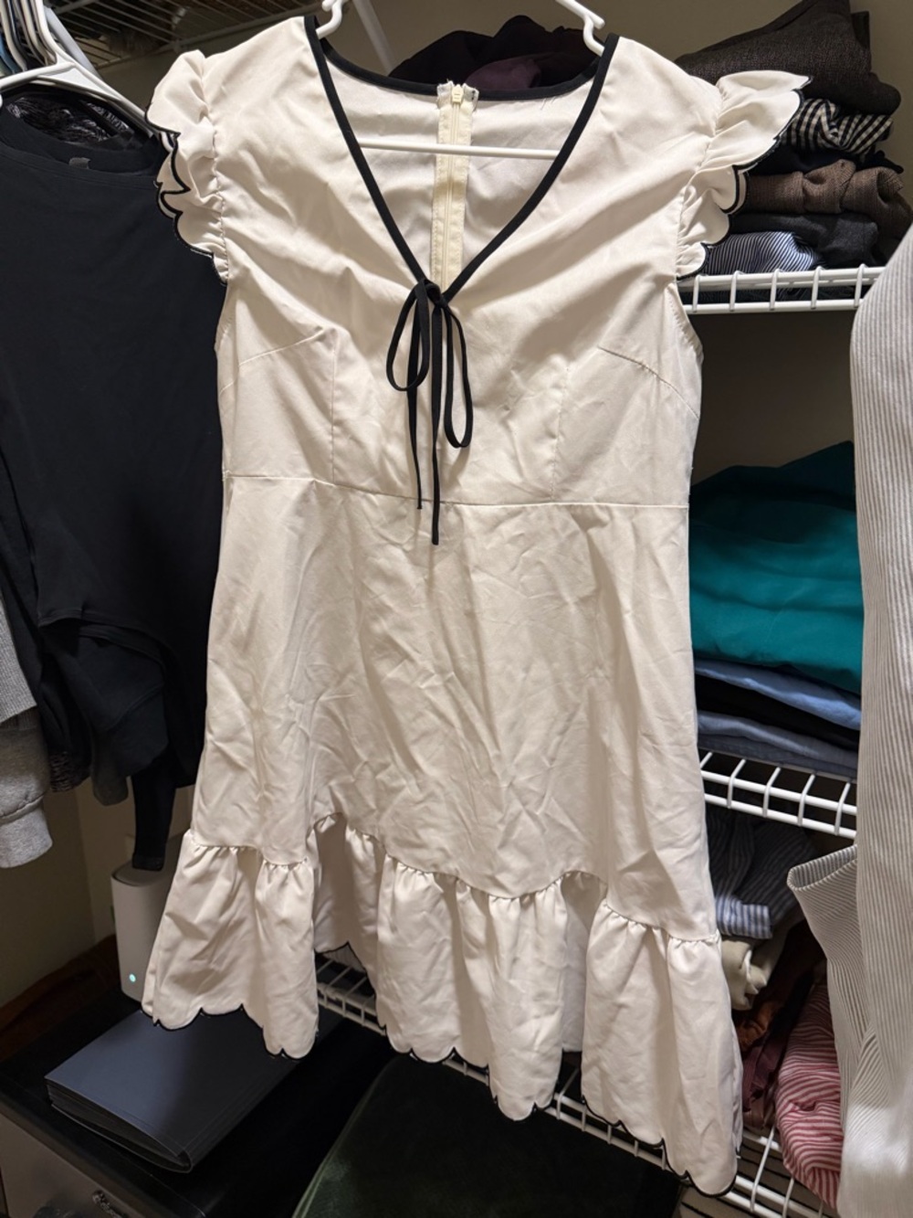 SHEIN Cream Ruffle Tie-Front Mini Dress with Black Trim